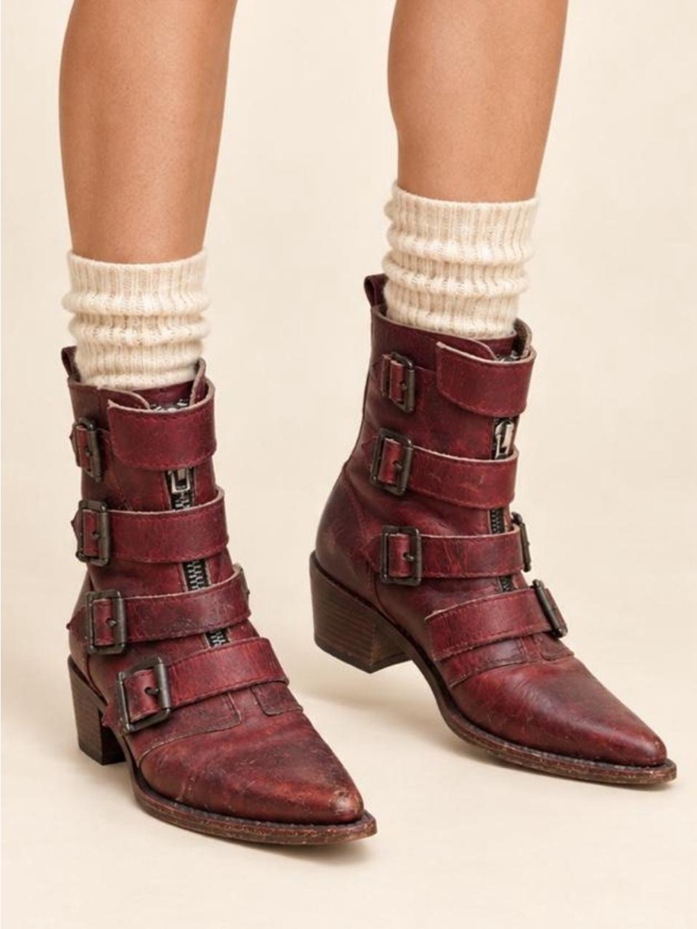 Red distressed leather skelter boots by Freebird by Steve Madden.